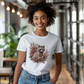 a woman wearing a t - shirt with a raccoon on it