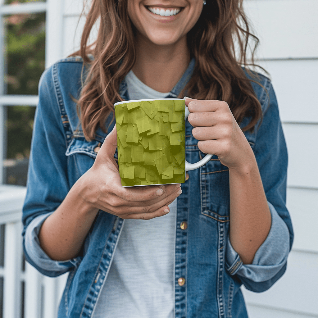 a woman holding a green cup with a pattern on it