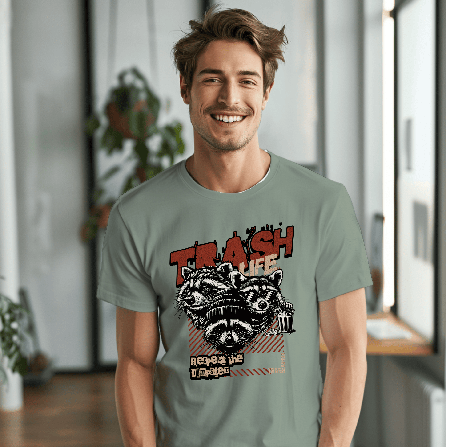 a man wearing a t - shirt with a raccoon on it