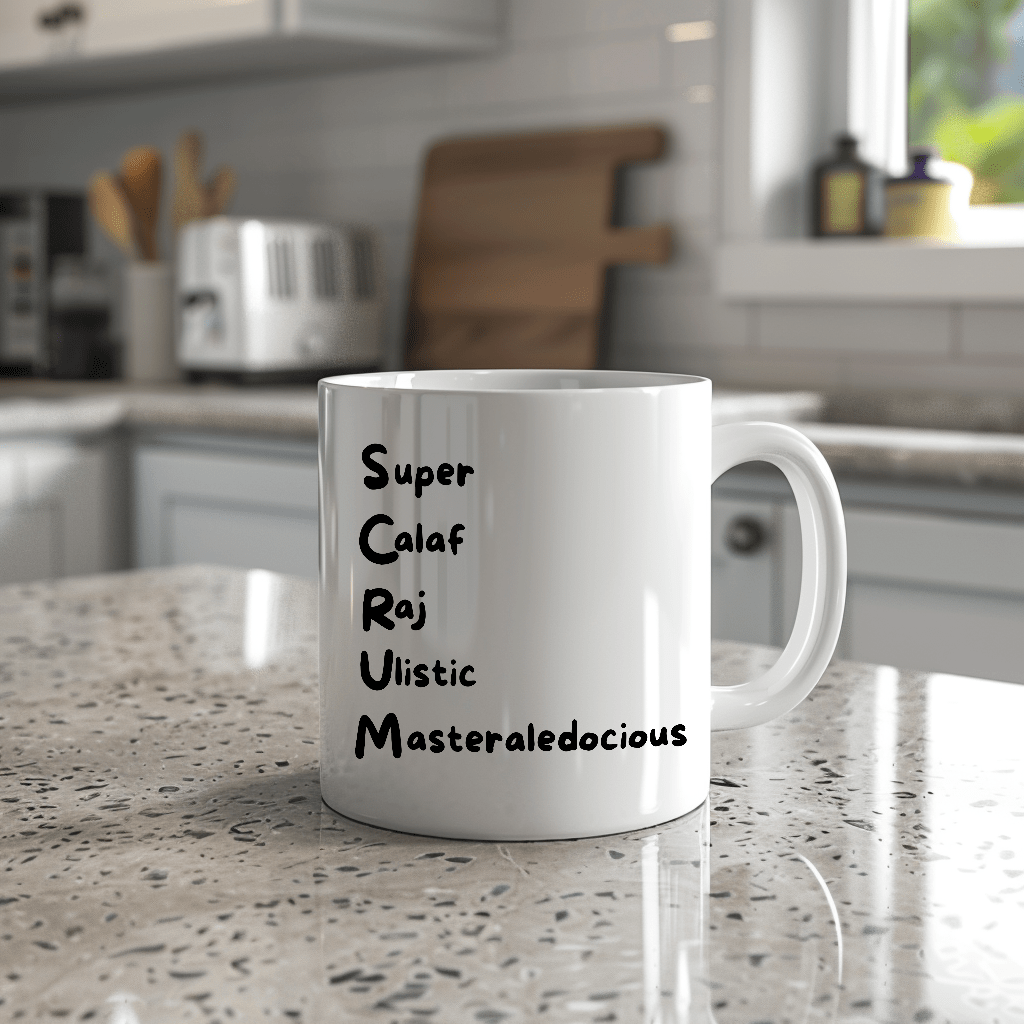 a white coffee mug sitting on top of a counter