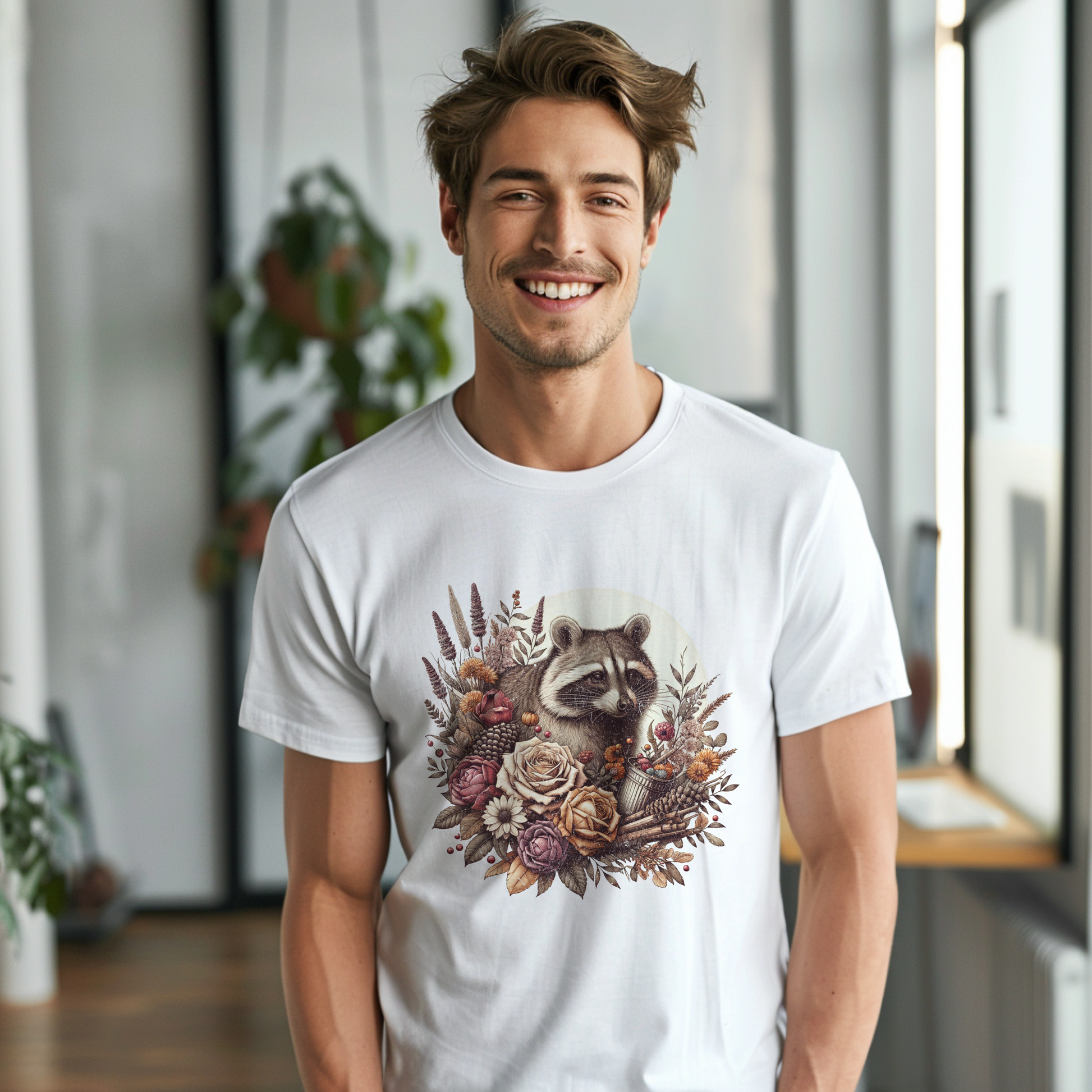 a man wearing a white shirt with a raccoon on it