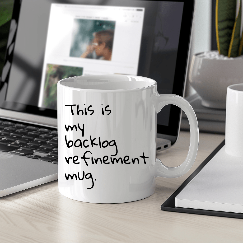 a white coffee mug sitting on top of a desk