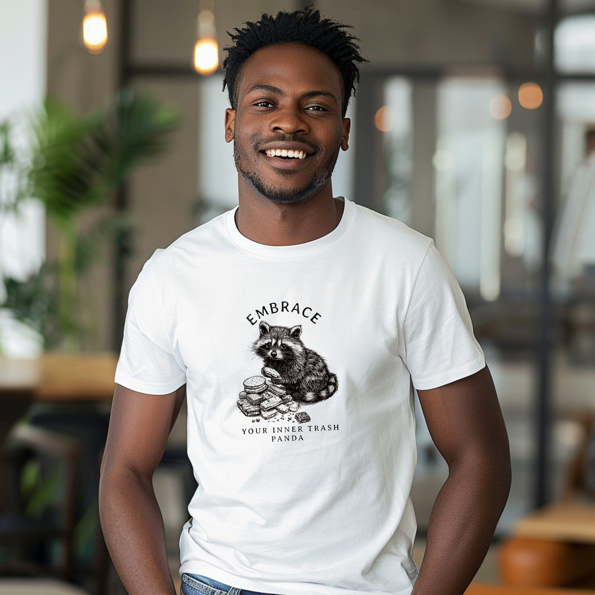 a man wearing a white shirt with a koala on it