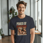 a man wearing a t - shirt with a picture of a raccoon on