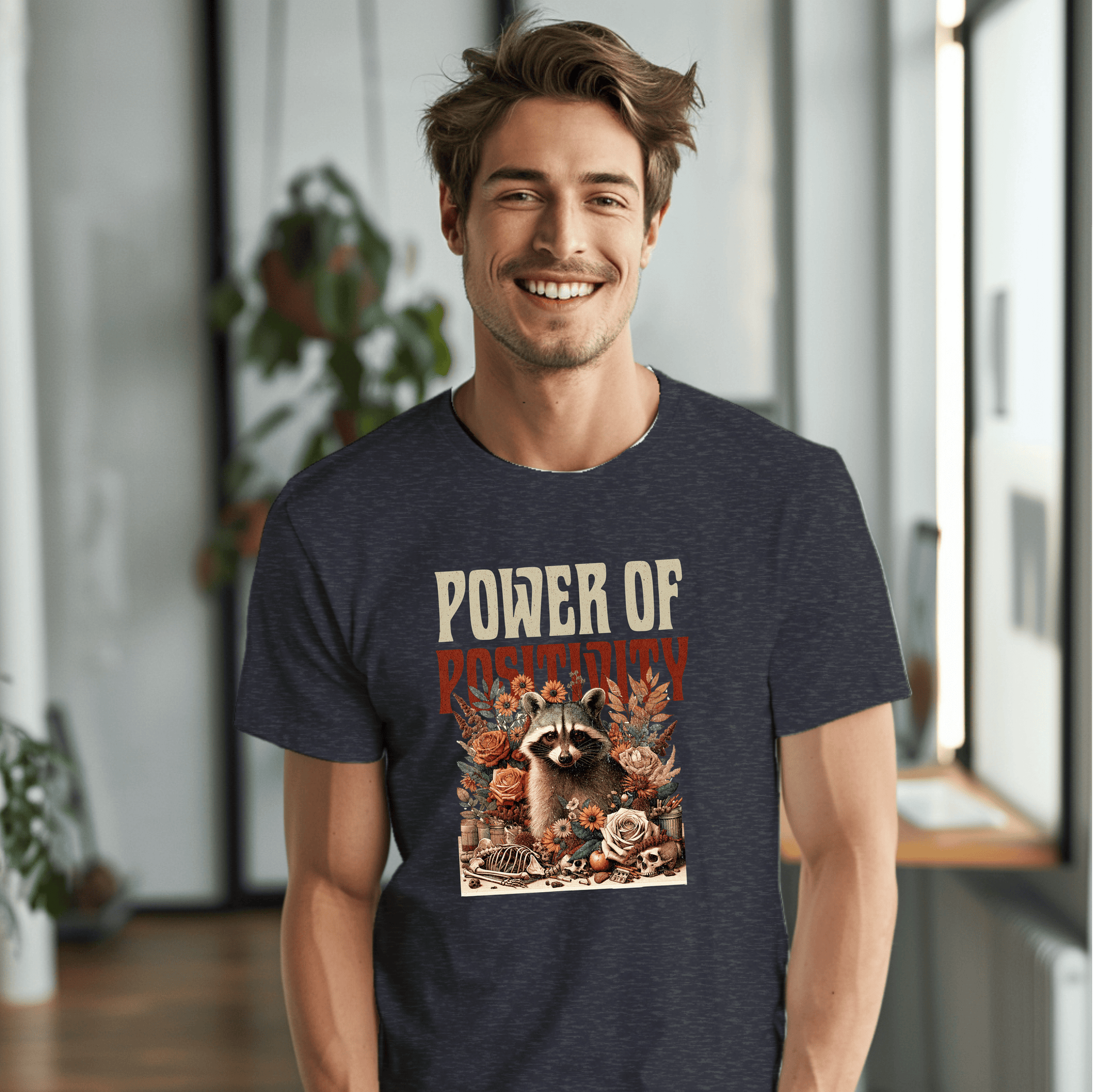 a man wearing a t - shirt with a picture of a raccoon on