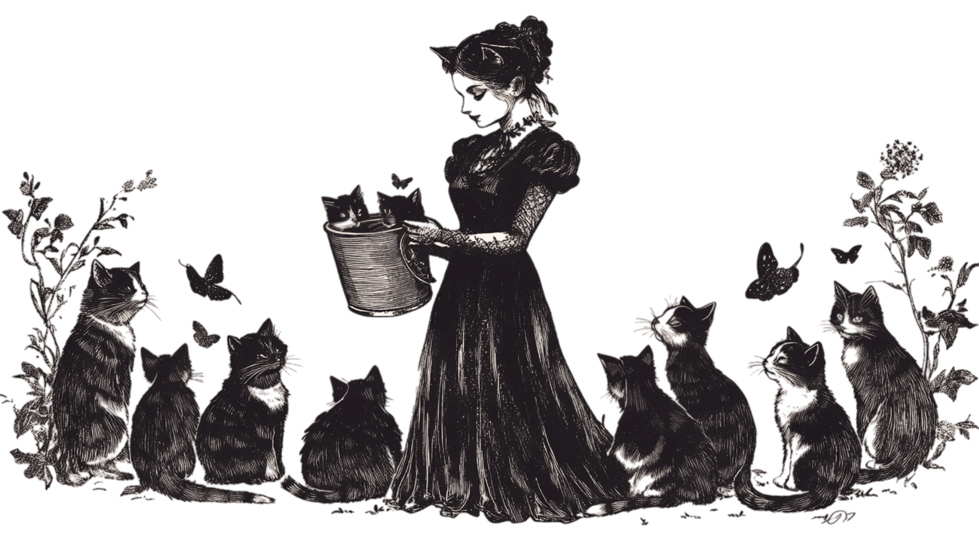 a black and white drawing of a woman with cats