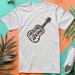 a white t - shirt with a guitar on it