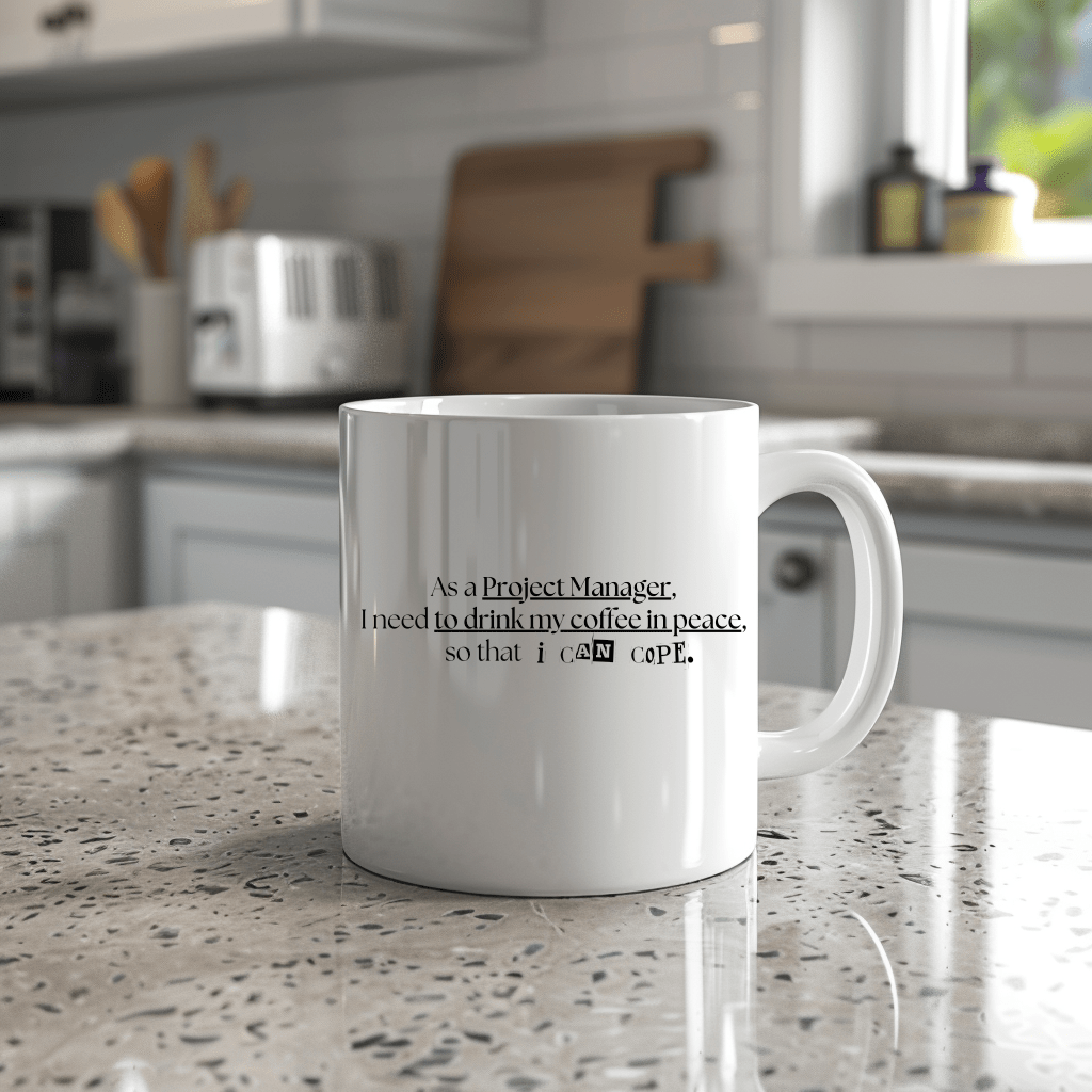 a white coffee mug sitting on top of a kitchen counter