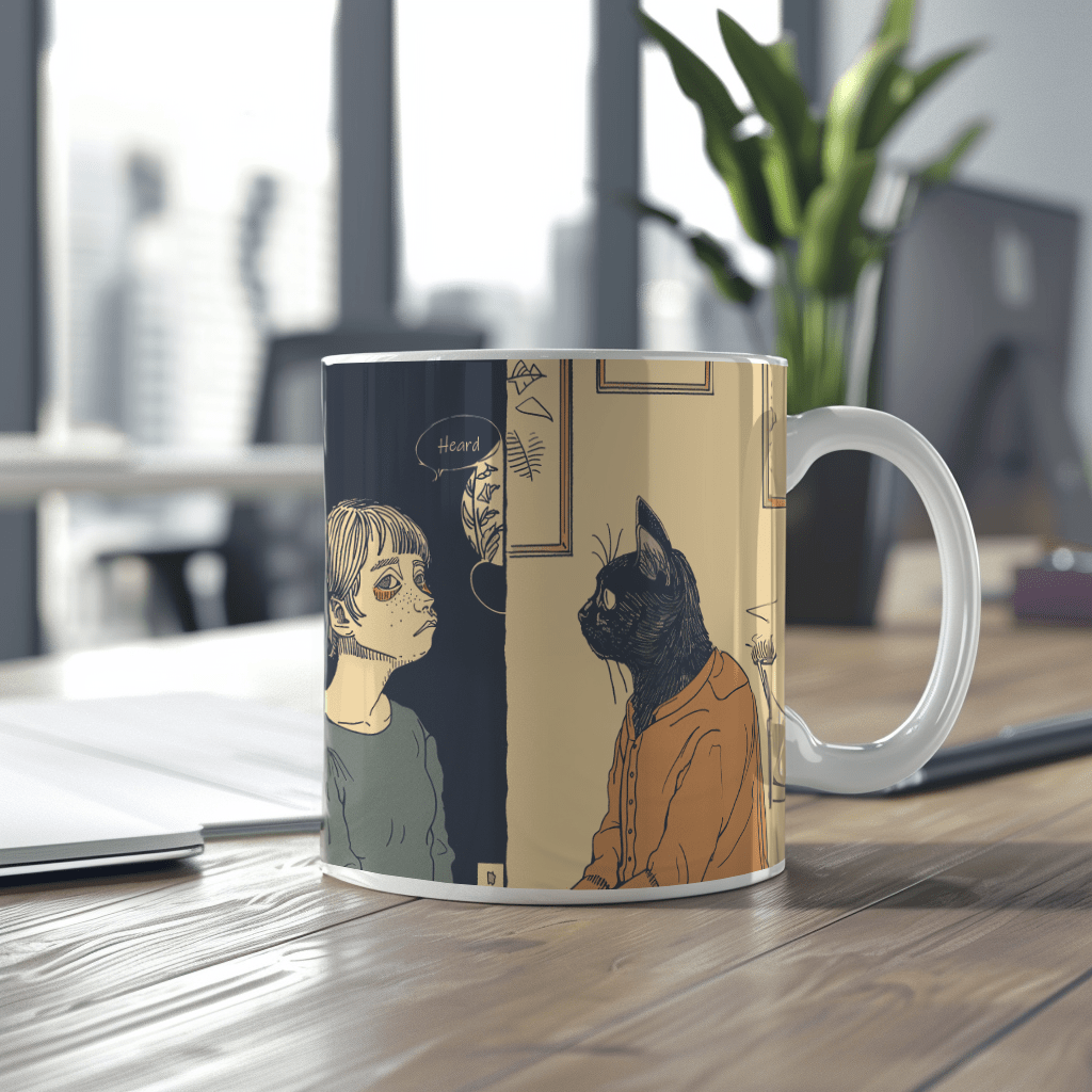 a coffee mug with a picture of a cat and a person