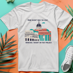 a white t - shirt with a picture of a building on it