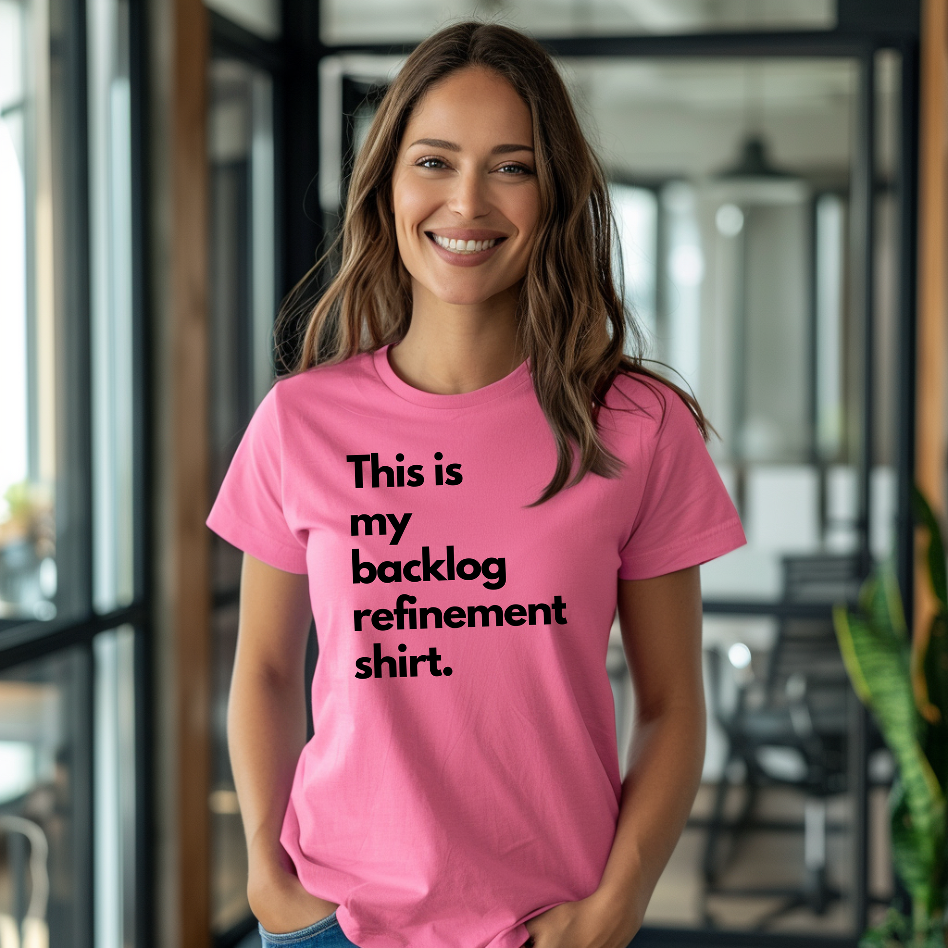 a woman wearing a pink t - shirt that says, this is my backlog