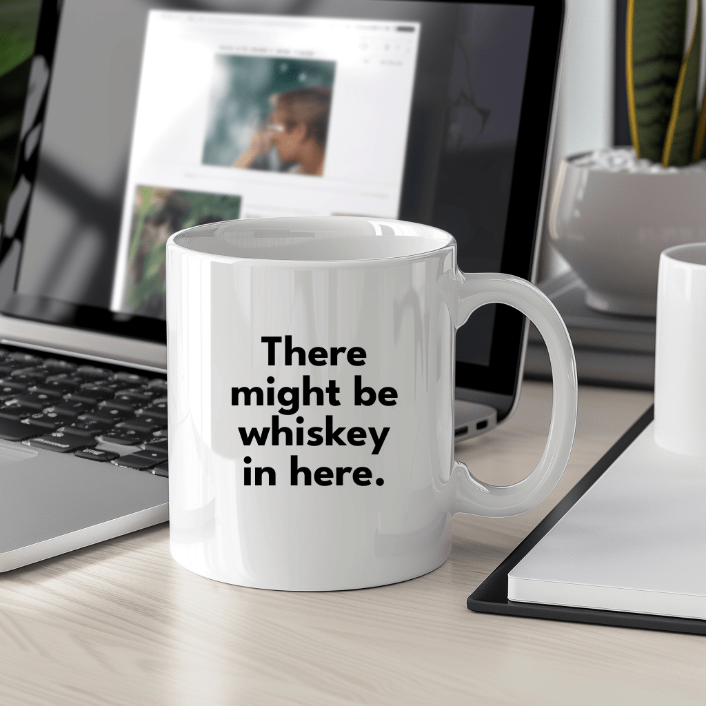 there might be whiskey in here mug next to a laptop