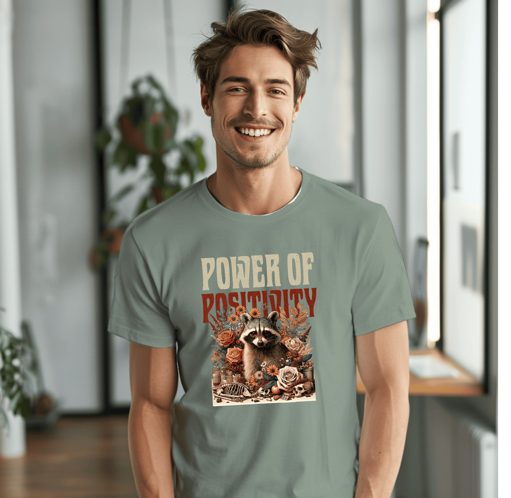 a man wearing a t - shirt that says power of positivity