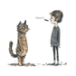 a drawing of a cat standing next to a man