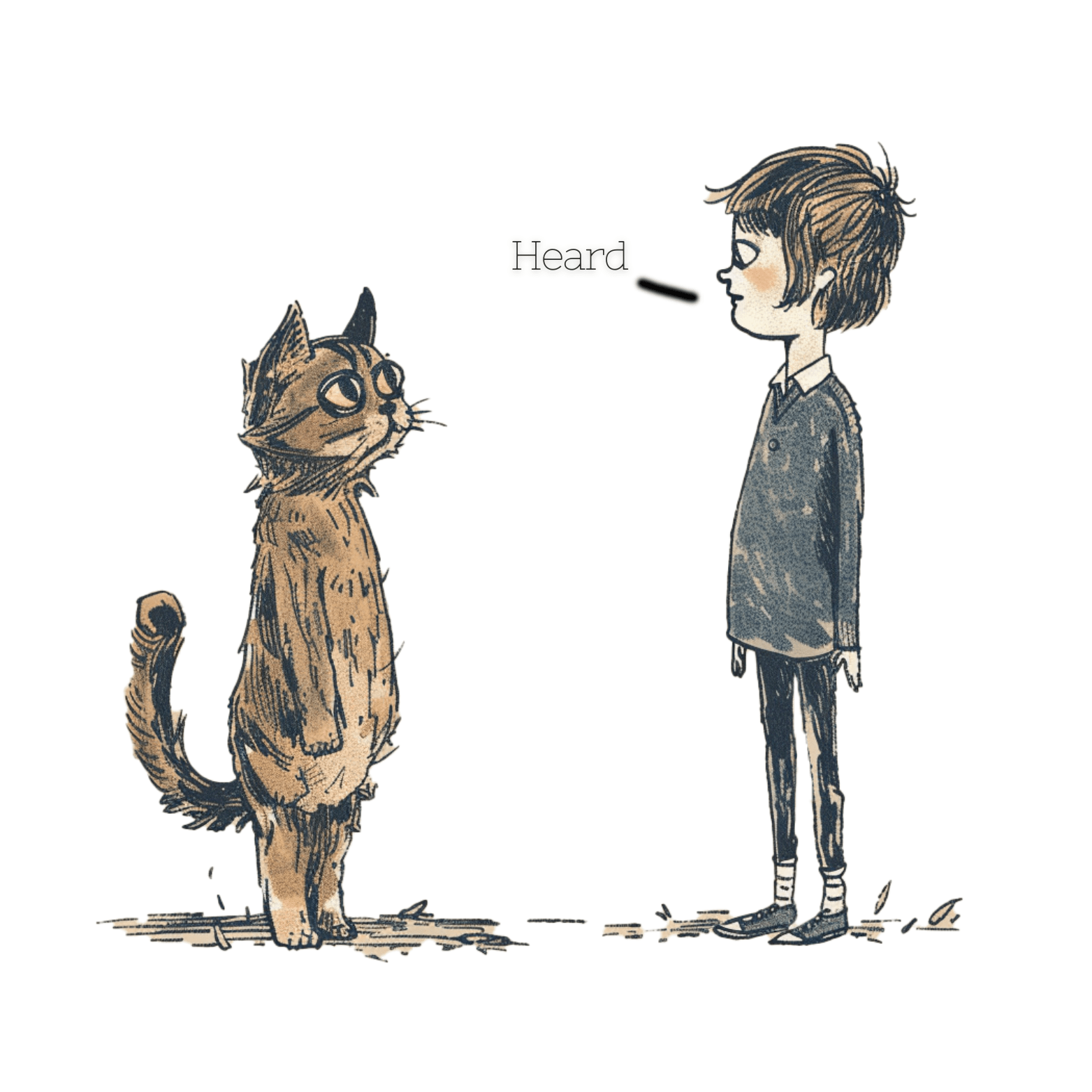 a drawing of a cat standing next to a man