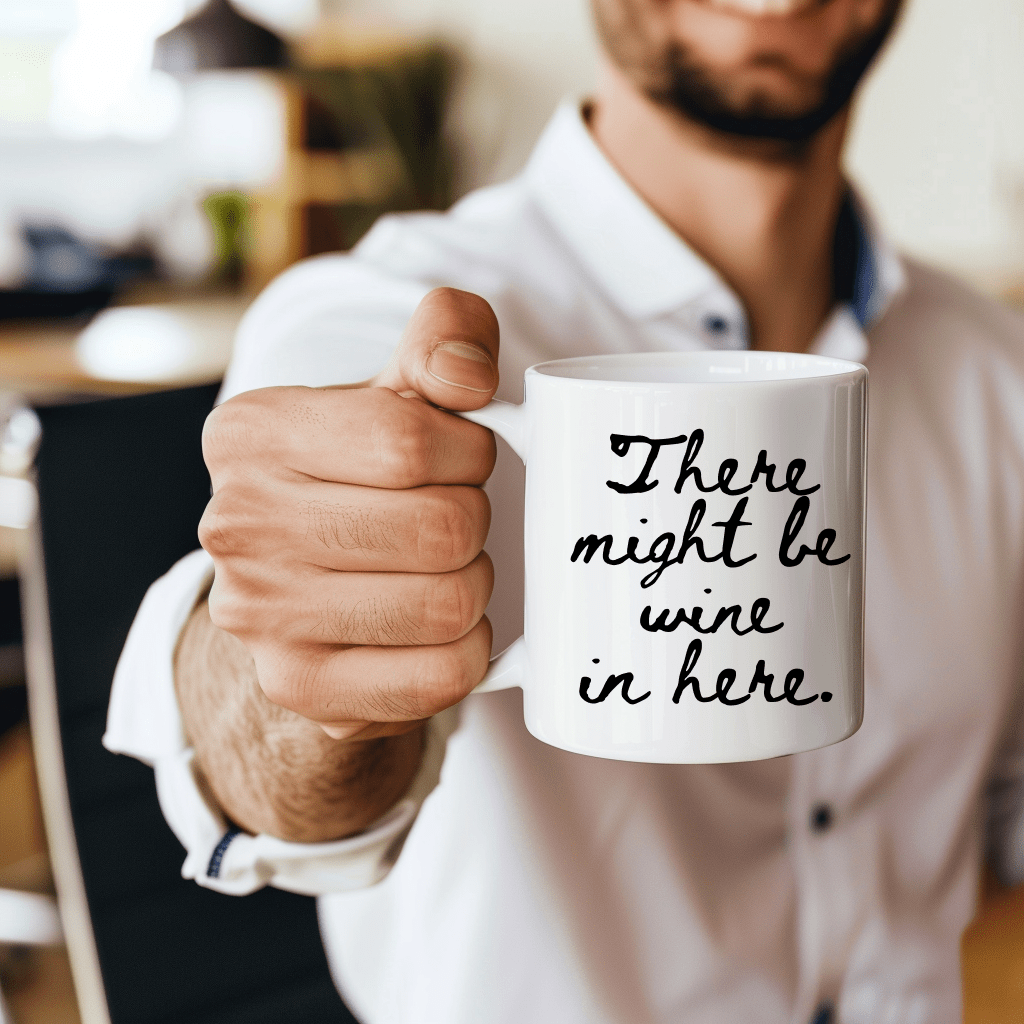 a man holding a coffee mug that says there might be wine in here