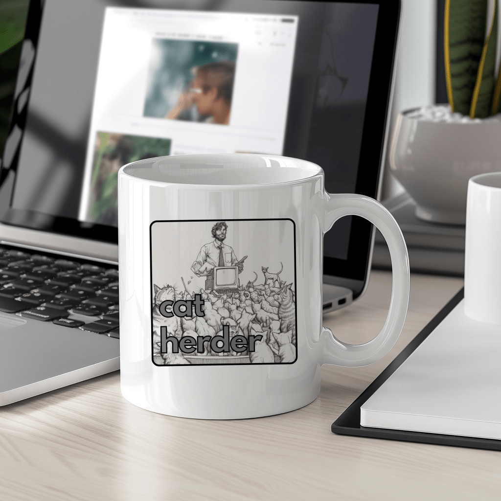 a white coffee mug sitting on top of a desk