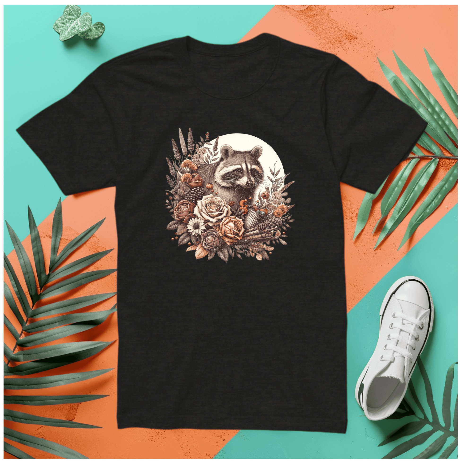 a t - shirt with a raccoon and flowers on it