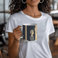 a woman holding a coffee mug with a picture of a girl on it